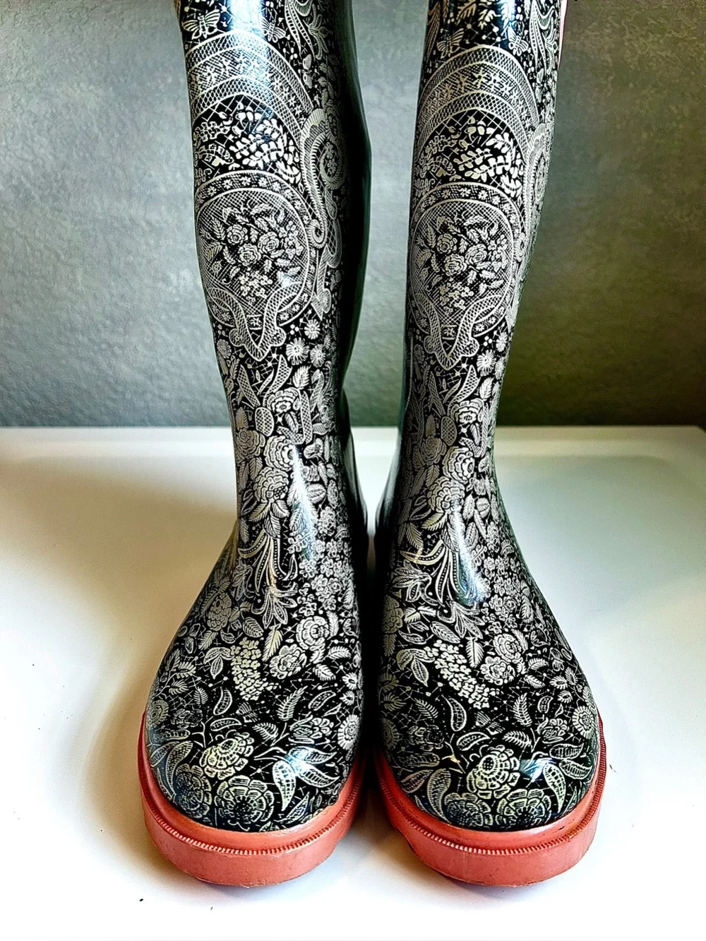 CAPELLI NY Vintage Y2K Boho Black Pink Floral Paisley Wellies Tall Rain Boots 7